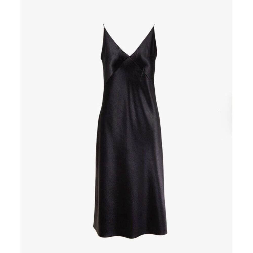 VINCE Black Satin V-Neck Midi Slip Dress Sz M Quiet Luxury Minimalist MSRP $295